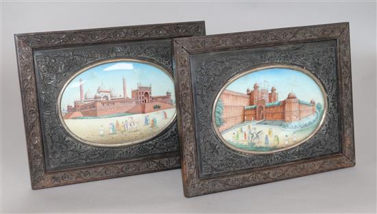 Indian School, pair of gouache on ivory, views of the Red Fort at Agra, 9 x 13cm
